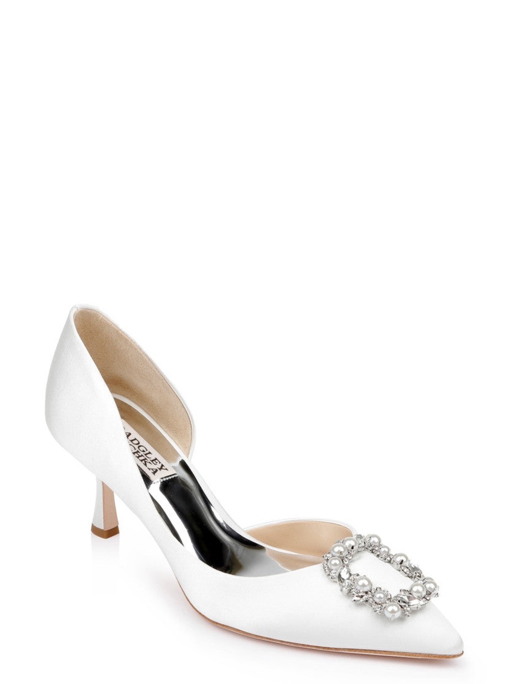 Badgley Mischka Fabia White Satin Crystal Pearl Bridal Heels Size 8